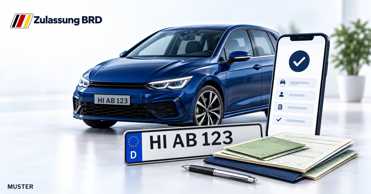 Online Fahrzeugzulassung in Harsum: Musterkennzeichen HI AB 123, Auto und Fahrzeugpapiere und Smartphone. Illustration mit Logo von Zulassung BRD.